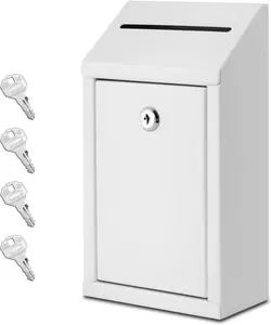 Metal Wall Mounted Donation Box with Lock, Cash Drop Box with Slot, Suggestion Box with 4 Iron Keys, White, 1-Pack