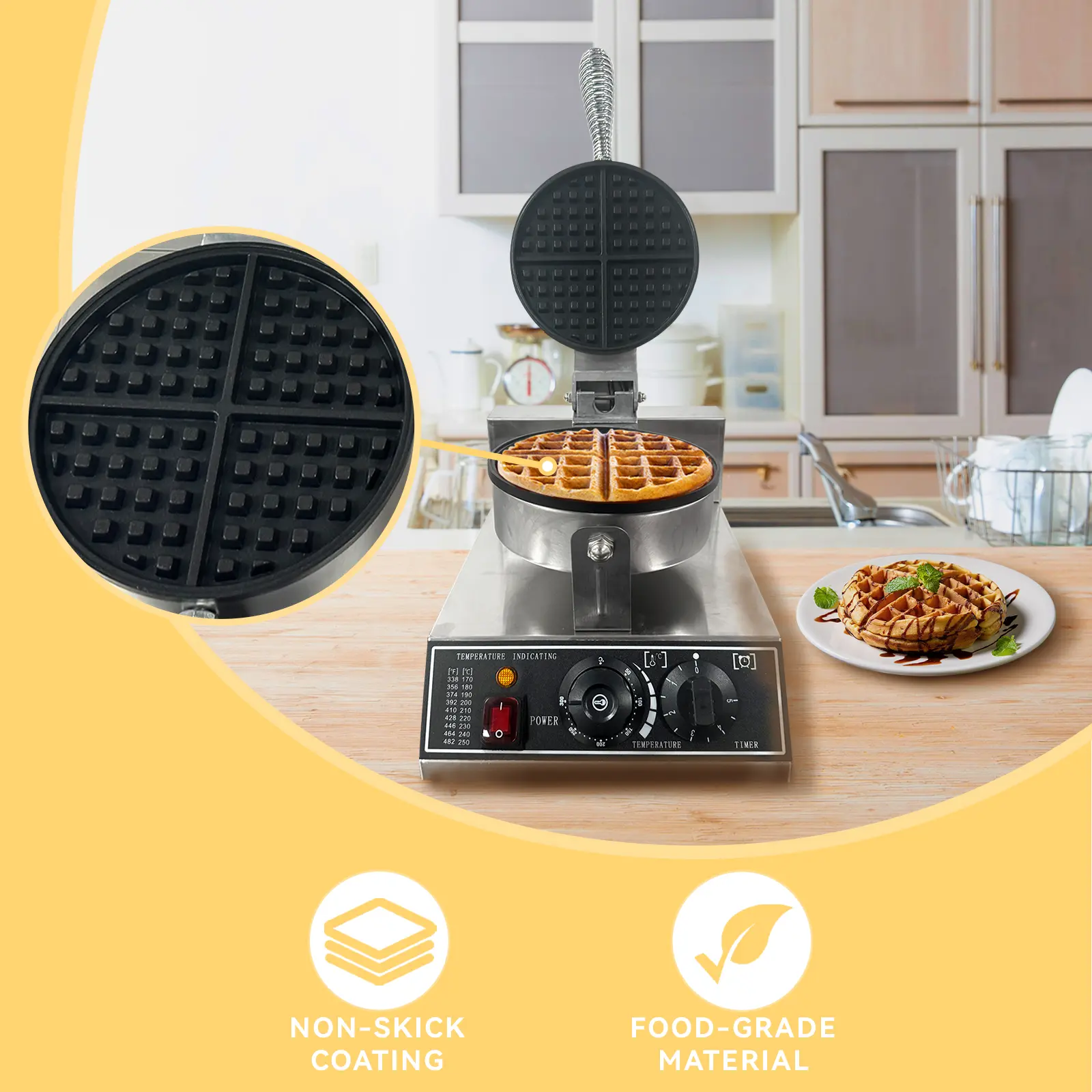 Commercial Waffle Maker, 1200W Stainless Steel Nonstick Round Waffle Iron with 122°F–572°F Adjustable Temperature & Timer Control for Home, Bakery & Snack Bar