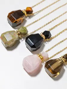 Natural Amethyst Essential Oil Bottle Pendant, Polished Rose Quartz Aromatherapy Bottle for Fragrance, Empty Gemstone Diffuser Accessory, Natural Crystal Jewelry