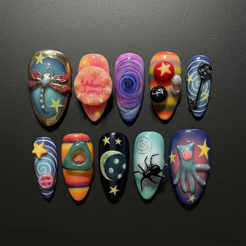 Coraline Inspired Press On Nails | Fantasy Galaxy Nail Art | Handmade 3D Button & Star Nails | Unique Cosmic Nail Set
