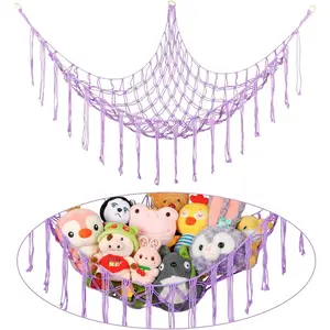 New Upgrade Stuffed Animal Hammock Corner, Hand-knitted Large Plushie Net Toy Hammock with Wooden Rings | Boho Cute Stuff Animal Storage for Nursery & Bedroom | Mesh Kids Toy Organizer Holder Nursery Room Decor