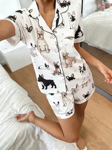 Cute French Bulldog Full Print Short Sleeve Shorts Set, Matching Women's Sleepwear Pajamas Loungewear Homewear Two-Piece, Soft Breathable Fabric, Loose Fit Casual