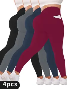 4-Pack Plus Size Soft Yoga Leggings,With Side Pockets,High Waist Stretch Slimming Yoga Pants,Tummy Control Fitness Yoga Running Leggings SpringStatements