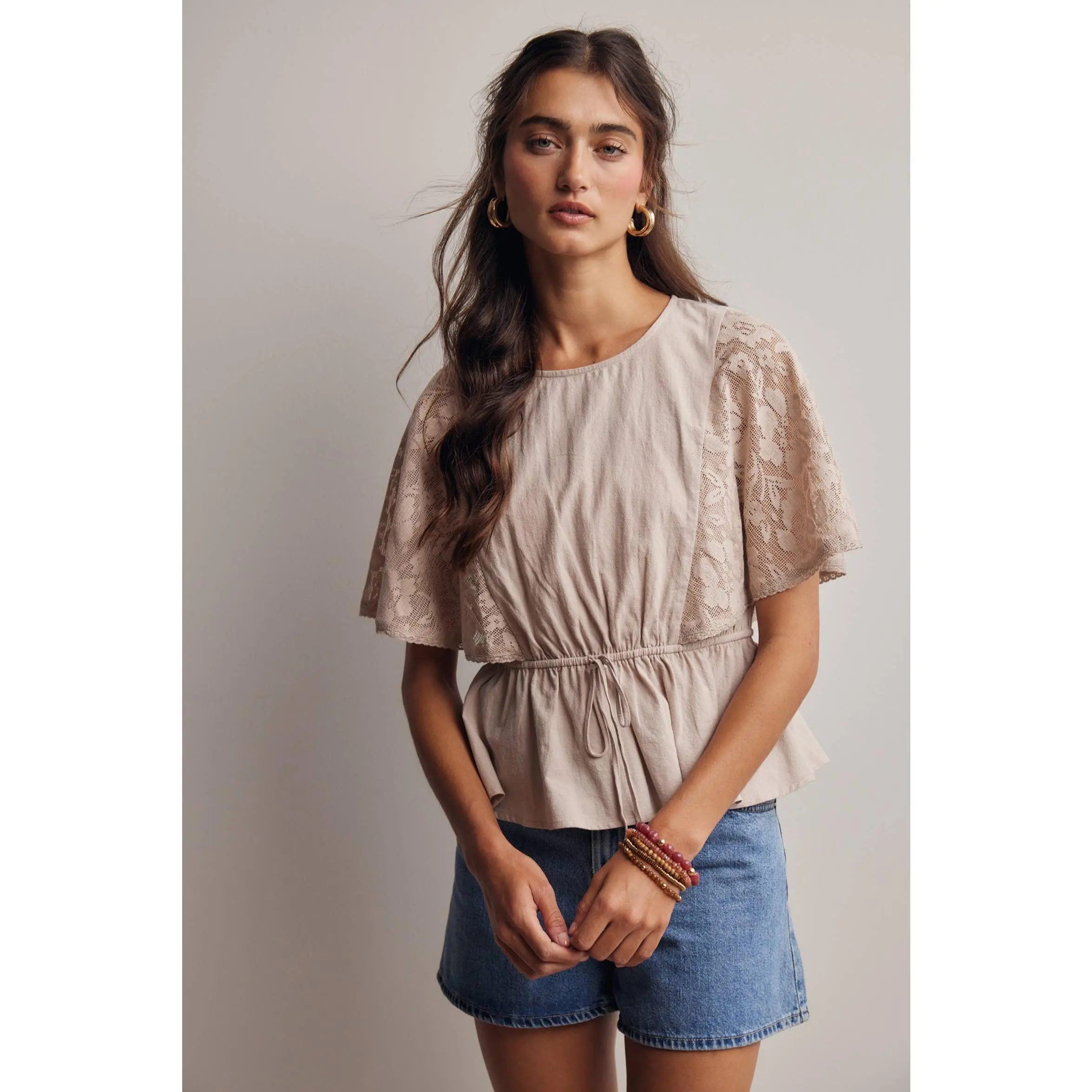 Lace Cape Sleeve Cotton Peplum Top