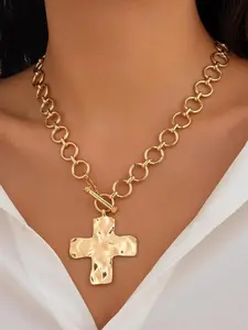Chunky Cross Necklace for Women Statement Cross Pendant Necklace Layered Hammered Bold Cross Necklace Vintage Toggle Clasp Necklace Jewelry