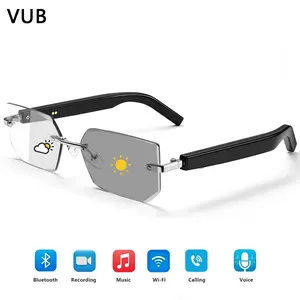 Smart Glasses Rimless Smartglasses with Bluetooth Speaker,Remote Control Photo Taking/Indoor Protection Voice Control (Anti-Bluelight Lenses)