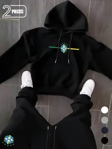 Brazil National Football Team Cbf Logo Two-Piece Set Fitted Hoodie, Embroidered Badge + Contrast Trim + Soft Fabric, Casual Sports for Everyday Wear Sweatshirts