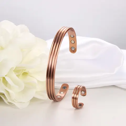 Copper Magnetic Open Bangle Bracelet & Ring Set Bracelet & Open Ring, Fashion Accessories for Men & Women Elegant Minimalist Bangle Metal Bracelet Copper Jewelry Set