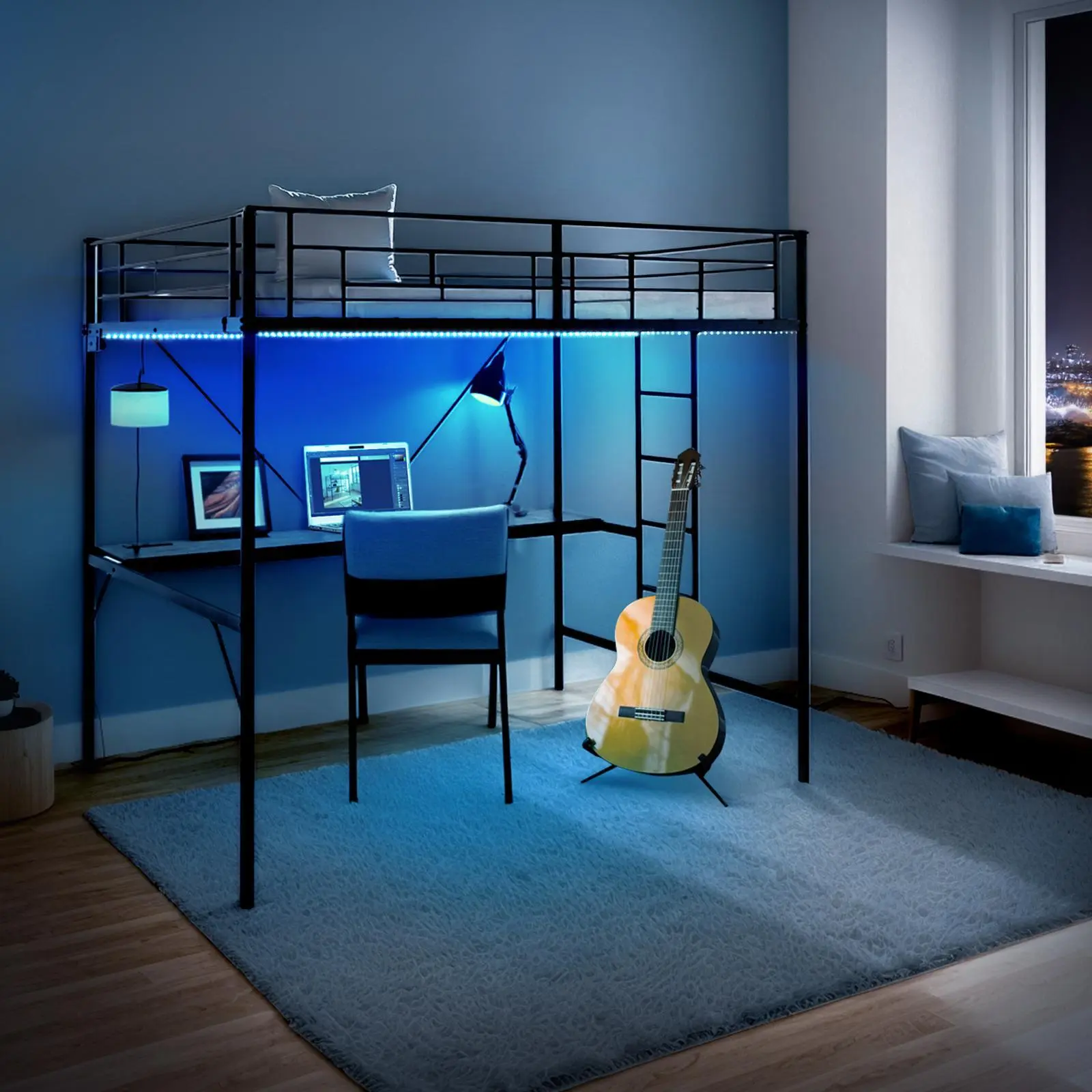 Black Full Round Tube Loft Bed with Table Socket and LED Light Strip for Modern Bedroom Design, Loft Beds, Raised Beds