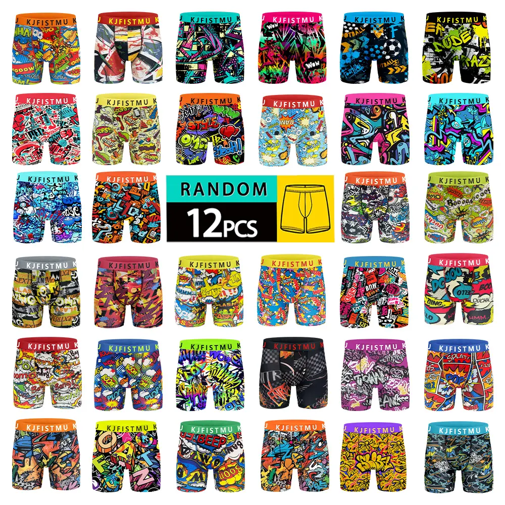 KJFISTMU Menswear Graphic Dopamine Color-Matched Belt Men's Briefs Set - 4/12 Pieces Athletic Daily Briefs, Lightweight Soft Breathable Stretchy Spandex, Anti-Curling Edge, Street Graffiti Pop Art, Christmas Variety, Boyshorts