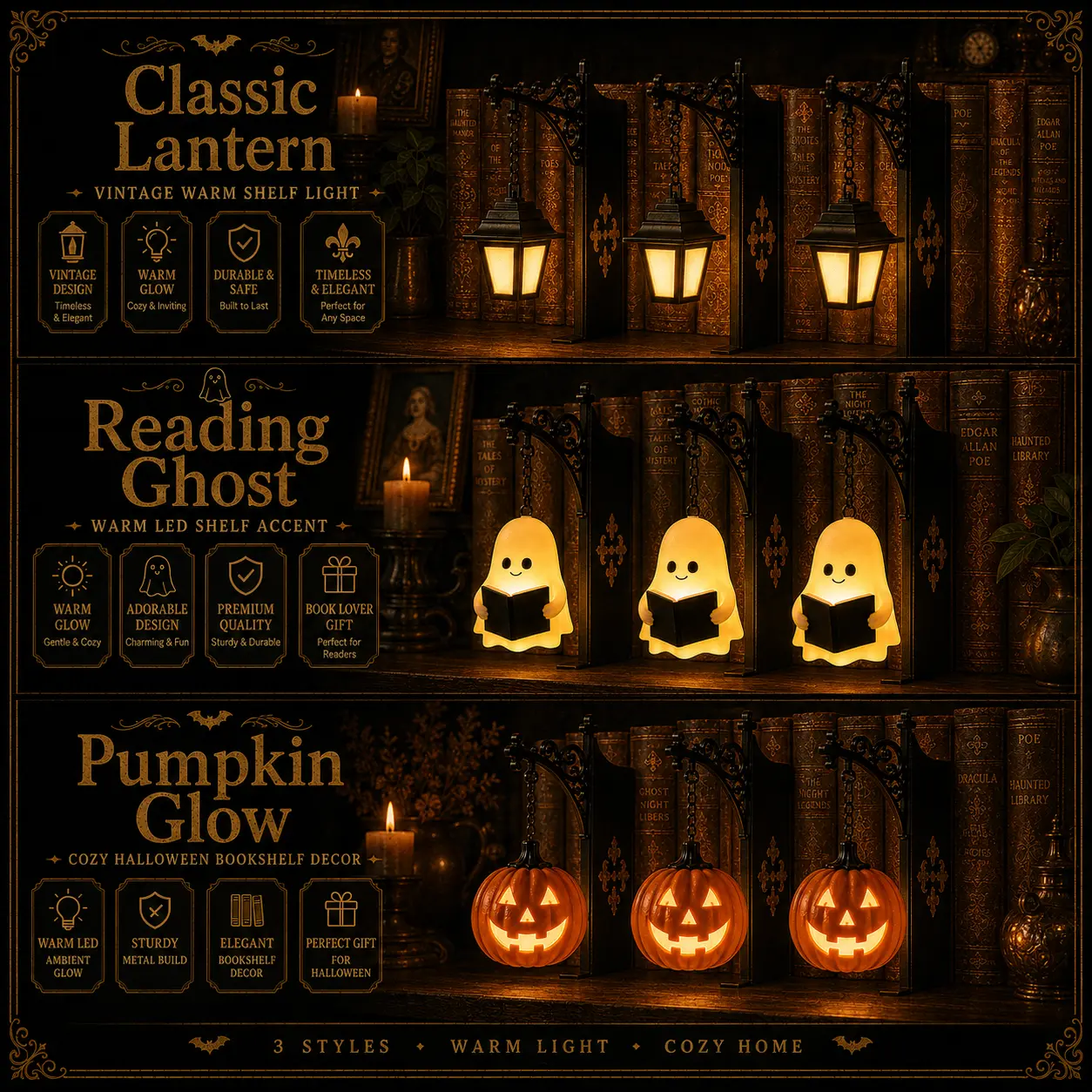 3Pack Library Lantern & Chost & Pumpkin-Decorative Bookshelf Lighting, Miniature Hanging Shelf Lamp, Warm LED Nightlight, Reading Nook Literary Decor,Halloween decorations