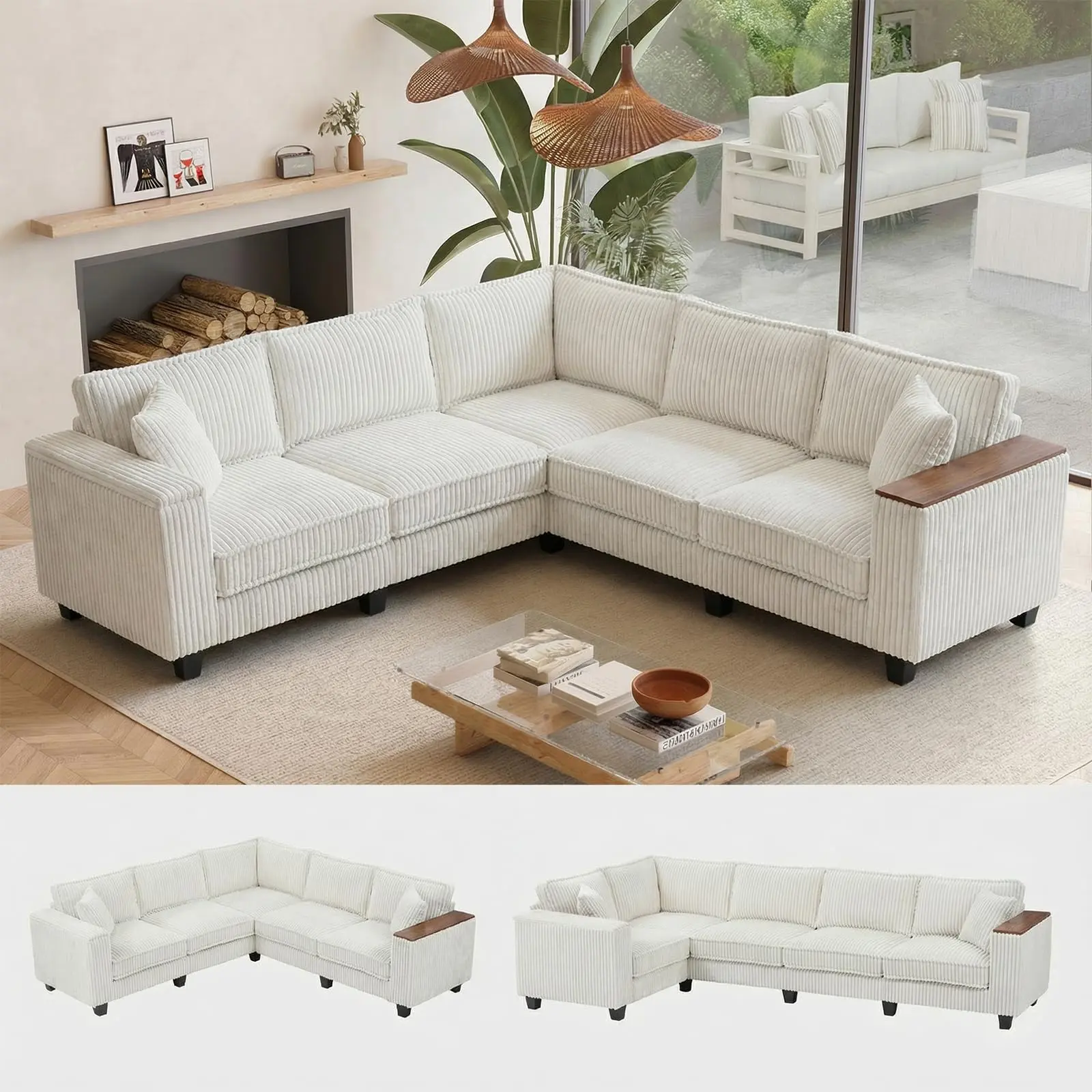 Solid 97in L-Shaped Modular Cotton Sectional Couch for Adults - Cloud Corduroy Sofa with Armrests, 2 Hidden Storage Spaces, 2 Pillows for Living Rooms