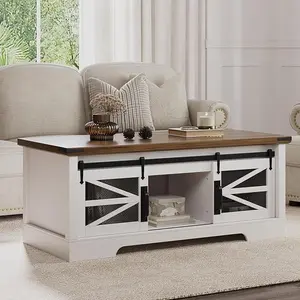 Lift Top Coffee Table, Multifunction Coffee Table with Sliding Barn Door, Hidden Storage Compartment, Convertible Center Dining Table with Adjustable Shelf for Living Room