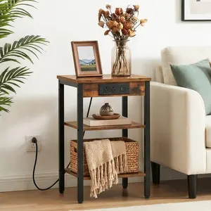 HOOBRO Side Table, 3-Tier End Table, Nightstand with Power Strip, Storage Shelf, Sofa Side Table, for Living Room, Bedroom, Rustic Brown and Black BF221UBZ01 / Greige and Black #SummerVibes
