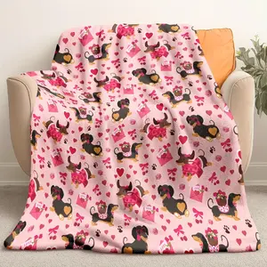 Dachshund & Hearts Pattern Outdoor Blanket, Thick Warm Soft Chunky Knit Throw, for Car Office Sofa Dorm, 1 pc, Pink, All-Season Cozy Gift for Dog Lovers,