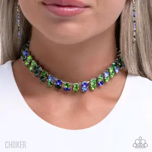 Colorful Charm Pronged in silver square fittings, a collection of multicolored blue and green gems layers in glassy rows below the neckline for a colorfully chic display. Features an adjustable clasp closure.  Sold as one individual choker.