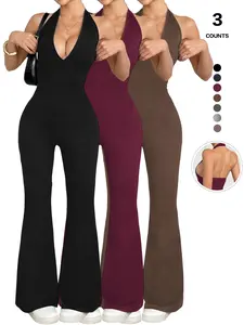 Women's Halter Neck Deep V-Neck Jumpsuit Sleeveless Ribbed Bodycon Flared Pants One Piece Romper Clubwear 2026 Womenswear