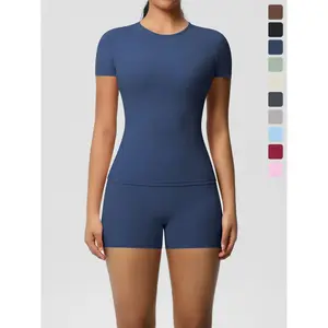 Two-Piece Set Women's Solid Ribbed Crop Tee & Skinny Shorts Tracksuit Set, Casual Workout Loungewear, Casual Sporty Breathable Quick Drying for Yoga Gym, Ladies Sportswear for All Seasons