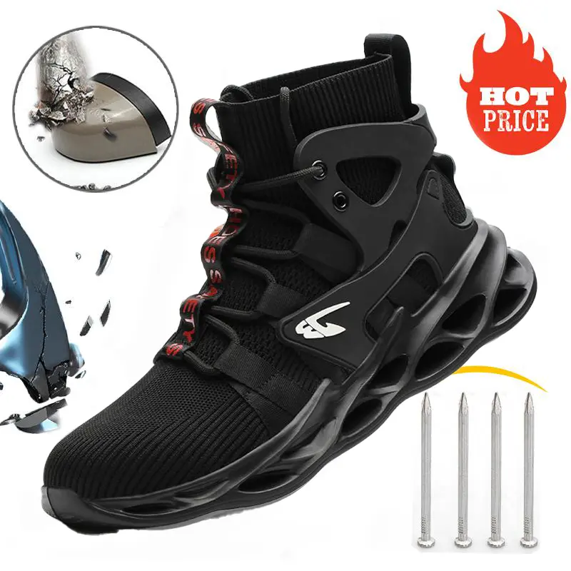 Industrial Safety High-top Breathable Anti-crushing Anti-piercing Steel-capped Non-slip Labor Protection Workout Sneakers Closed Lace-Up Round Toe Solid Color