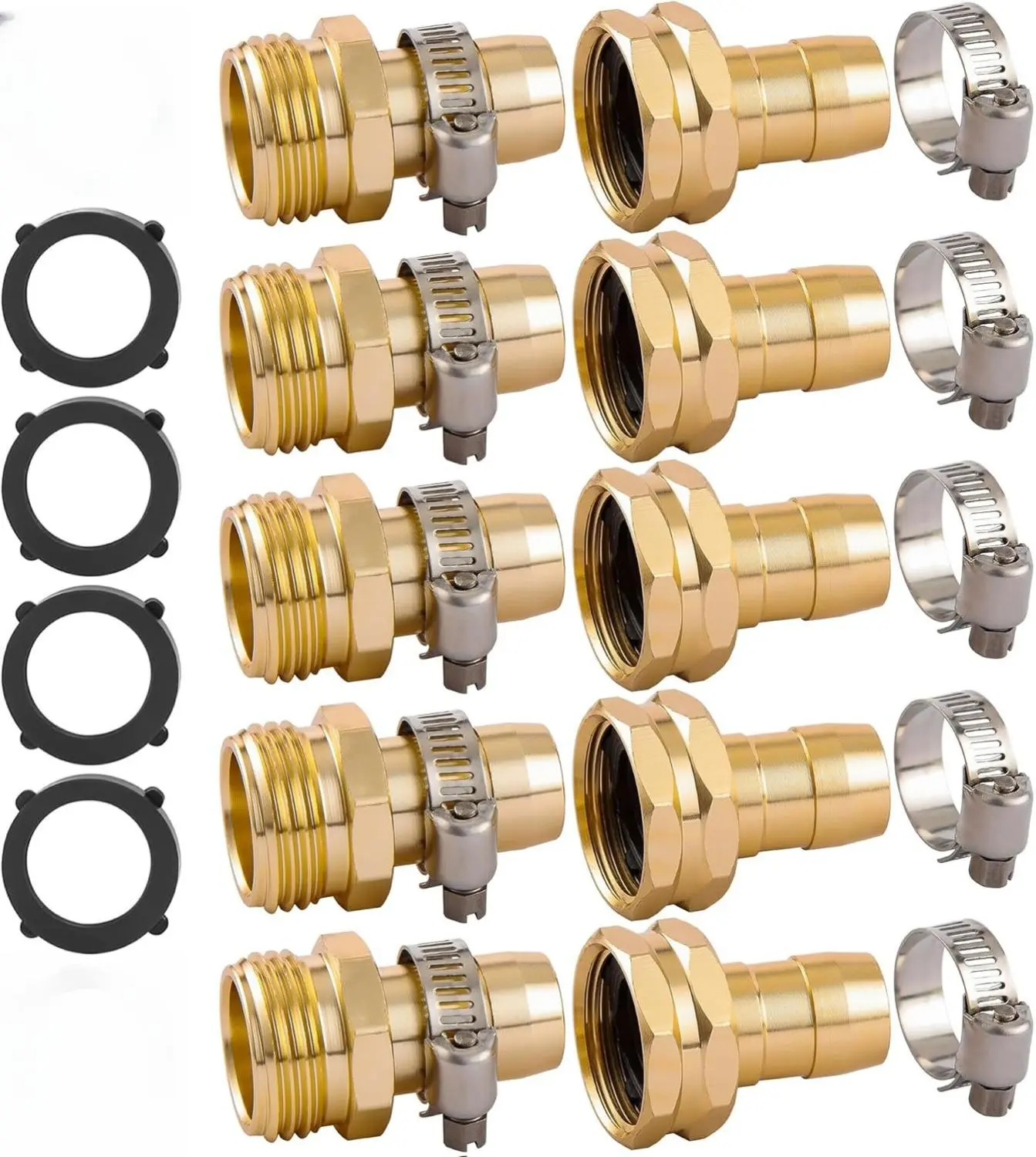5-Pack Garden Hose Repair Kit with Clamps – Fits 3/4" & 5/8" Hoses, Male and Female Connectors, Durable Water Hose Replacement Fittings