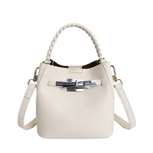 Lychee Pattern Textured Bucket Bag With Detachable Pouch, Minimalist & Fashionable Design For Casual Commute, Versatile Top Handle & Crossbody Bag For Everyday Use