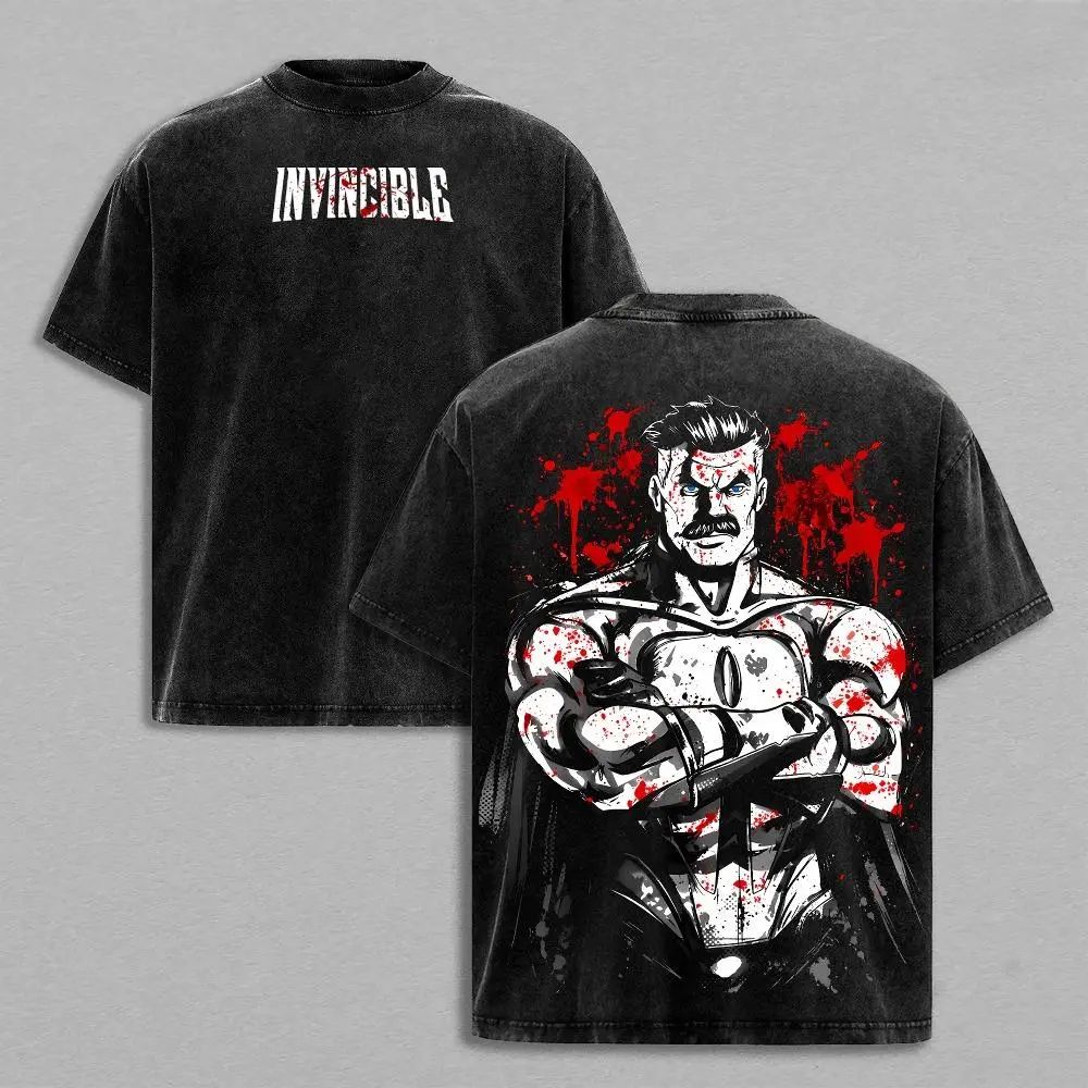 Washed Tee & Hoodie – Invincible Viltrumite Warrior Anime Graphic Double Printed T-Shirt, Menswear Heavy Cotton Unisex Oversize Streetwear Vintage Retro