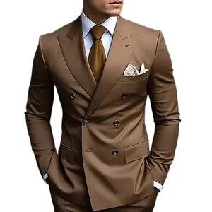 High Quality Brown Men's Suits Double Breasted Bespoke Double Breasted Peaked Lapel Formal Blazer Slim Fit 2 Piece Jacket Pants Fathersdaygift Menswear business casual outfits Long Sleeve Workwear Plain Beige Wetsuit suits aubs work attire