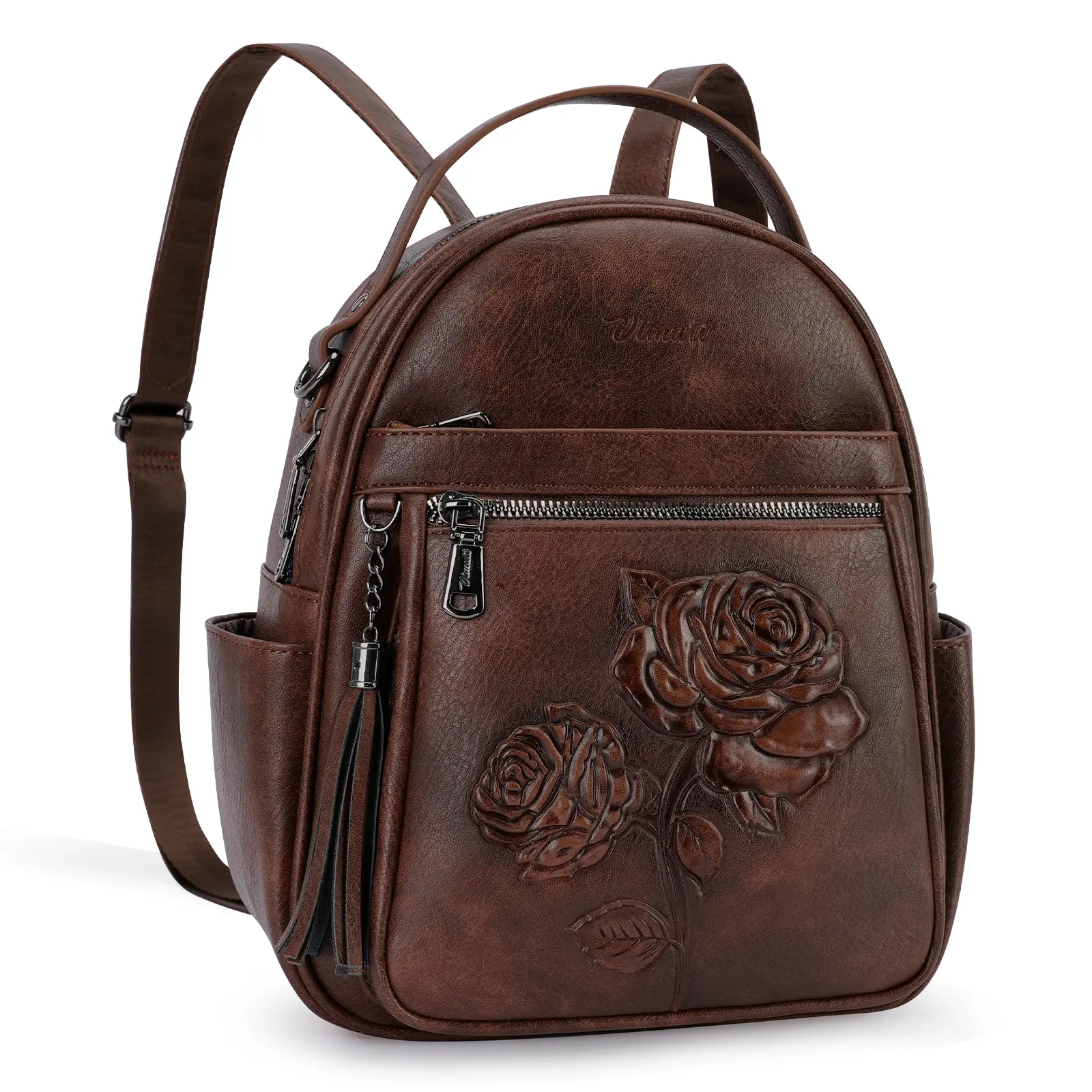 Rose Embossed Small Backpack Purse for Women , Aesthetic Vegan Leather Backpack with Adjustable Straps, Lightweight Floral Design Daily Bag for School, Work, Travel & Gift Giving