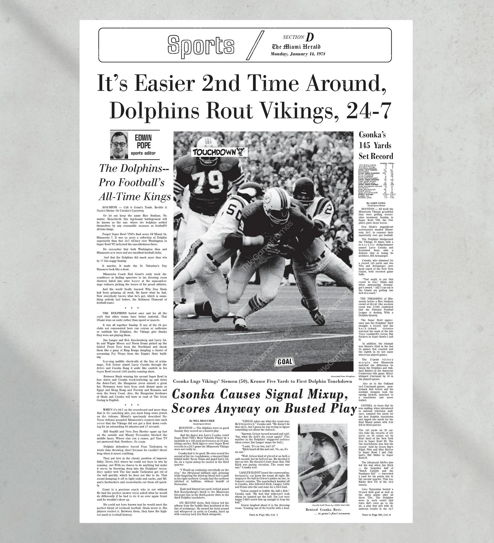 1974 Miami Dolphins Super Bowl VIII Champions Unframed Poster Print