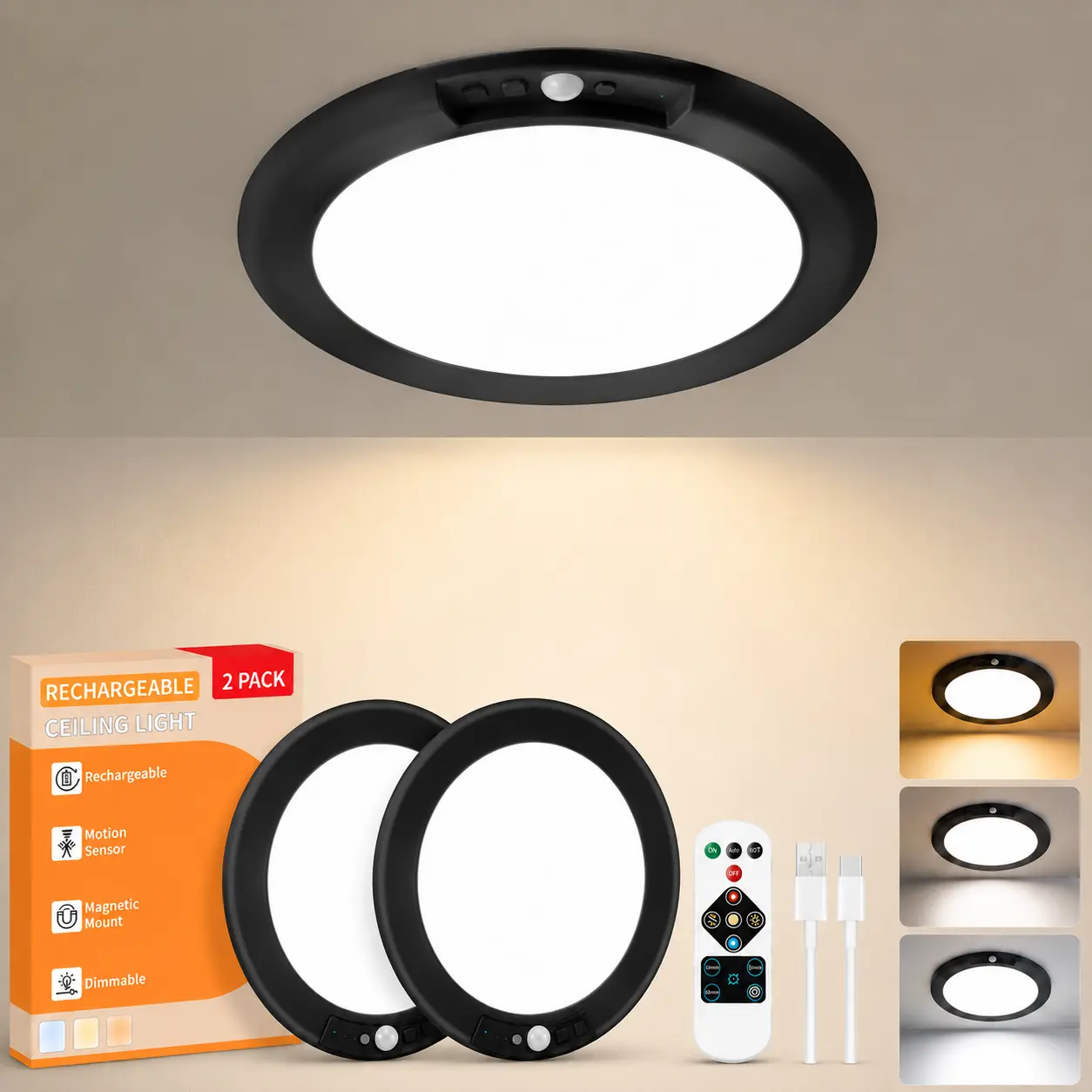 GIVRYES Rechargeable Ceiling Light 2-Pack, 3 Color Modes, Motion Sensor with Remote, Wireless Battery-Operated Magnetic LED Lights for Shower, Closet, Pantry, Shed, Hallway, Porch, Garage summergarden