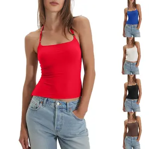 Mundoven Women's Sexy Backless sleeveless Halter Neck Tank Tops Camisole Double Lined Crop Cami Going Out Top with Adjustable Spaghetti Straps & Full-Length Side Split