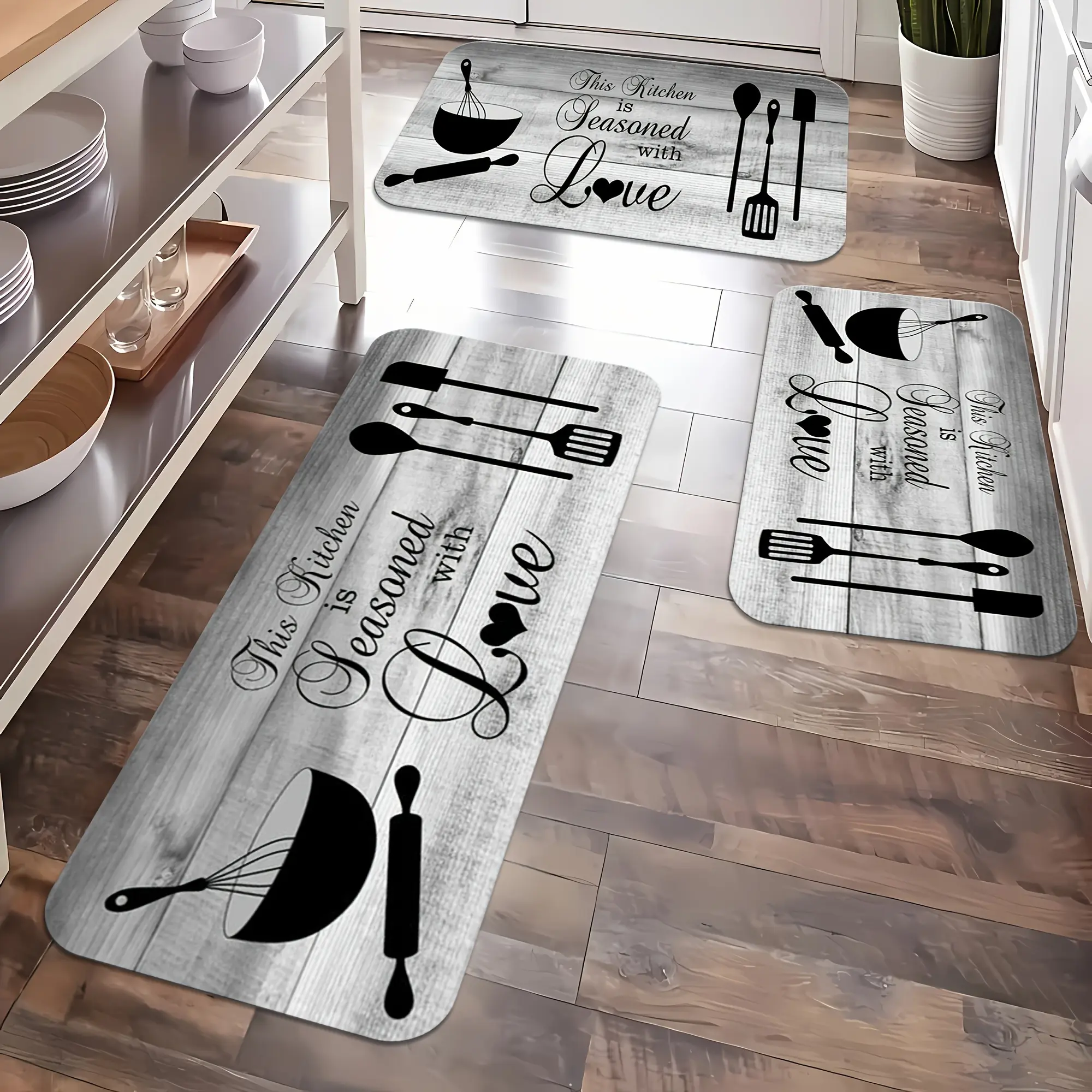 2/3pcs Grey Wood Grain Kitchen Letter Design Mats, Spring-Summer Outdoor Theme, Fade-Resistant Kitchen Mat, High-Quality Flannel Pads, Soft Cushioning Mat, Living Room Bedroom Mat, Quick-Dry Washable Rugs for Kitchen Hallway Bathroom Laundry