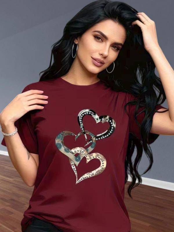 Women's Fitted Cut Cotton Fabric Tshirt - Short Sleeve, Cropped, Pull On, Round Crew Neck, Backless, Colorful Metallic Art Heart Print, Casual Streetwear Style Top for Leisure, Valentine's Day