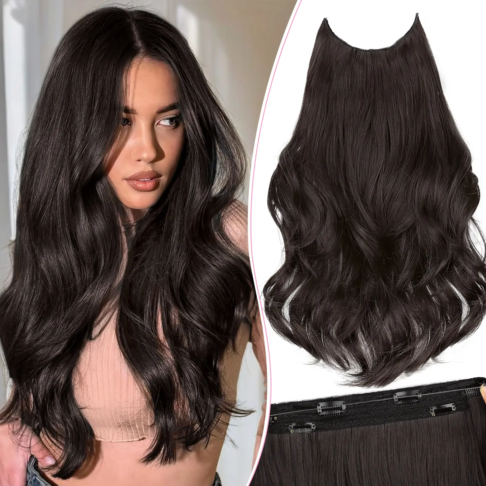 Invisible Wire Hair Extensions, 20in Long Water Wave Synthetic Fiber for Women with 6 Secure Clips and Adjustable Band, Extensions Hair, Long Waves