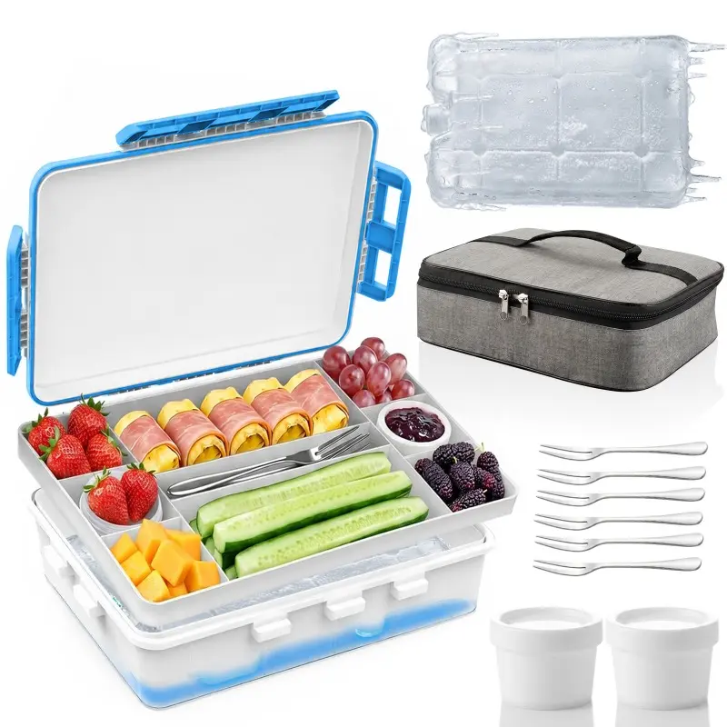 Insulated Durable Lunch Box with Ice Pack & Fork - Polypropylene Chilled Divided Serving Tray, Reusable Snack Container, Portable Lidded Travel Container, Keeps Cheese & Fruits Fresh, Ideal for Family Road Trips, Tailgating