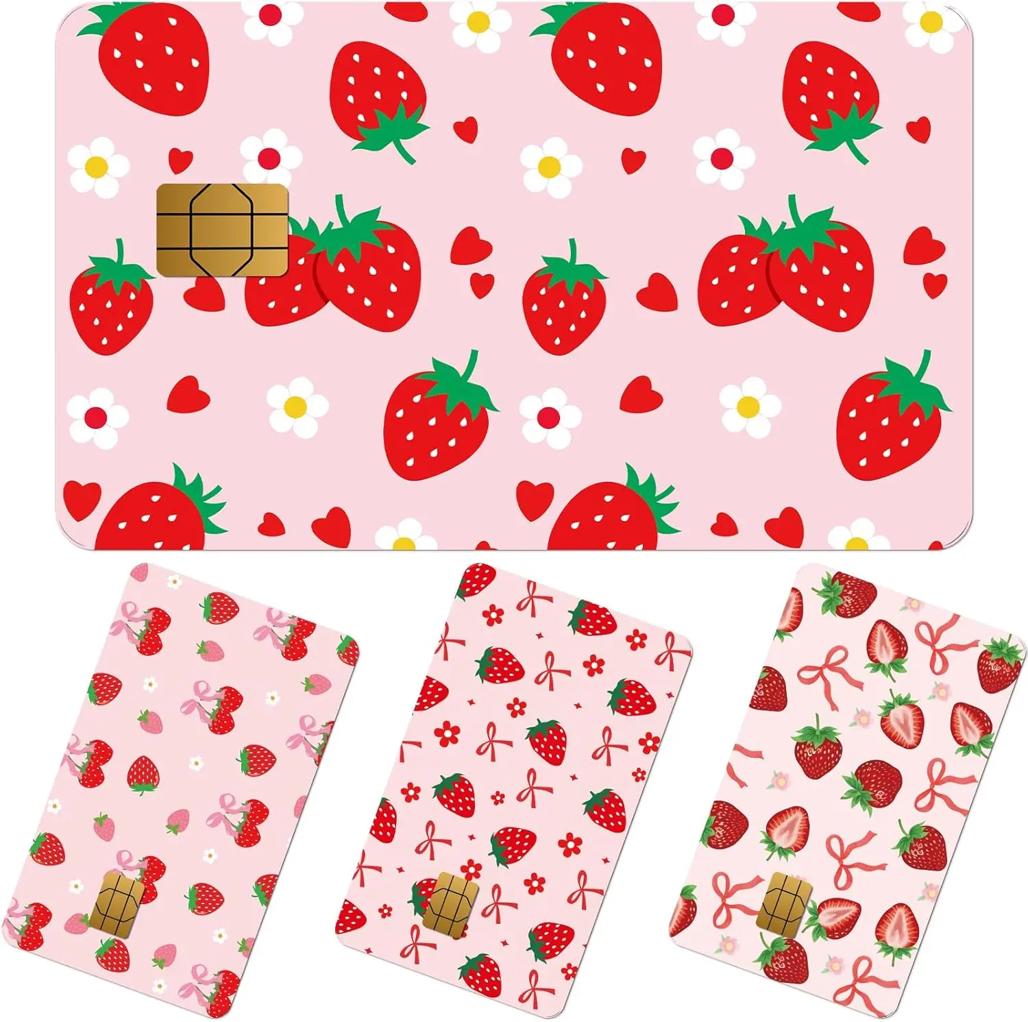 Credit Card Skin Stickers - 4 Pcs Pink Strawberry Debit Card Skin Stickers, Cute Berry Removable Waterproof Decal Cover Set