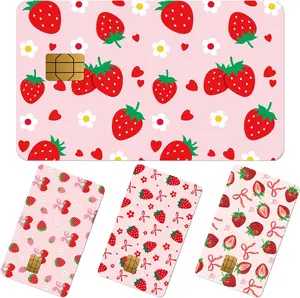 Credit Card Skin Stickers - 4 Pcs Pink Strawberry Debit Card Skin Stickers, Cute Berry Removable Waterproof Decal Cover Set