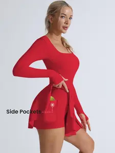 Women's Solid Criss Cross Backless 2 in 1 Sports Dress, Long Sleeve Square Neck Athletic Tennis Dress, Ladies Sportswear for Indoor and Outdoor Wear, Workout Active Dress