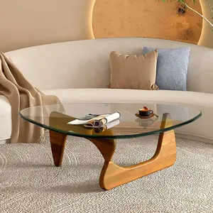 Triangle Glass Coffee Table with Wooden Base - Mid-Century Modern Living Room Table, Versatile for Study Room or Office