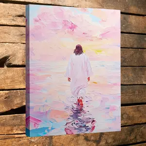 1pc Framed Canvas Painting - Jesus Walking on Water Biblical Religious Wall Art in Soft Pastel Pink, Blue, Purple, White, Turquoise - Ready-to-Hang Spiritual Decor for Living Room, Bedroom, Office, Prayer Room - Christian Home Decoration Gift, 2D Flat