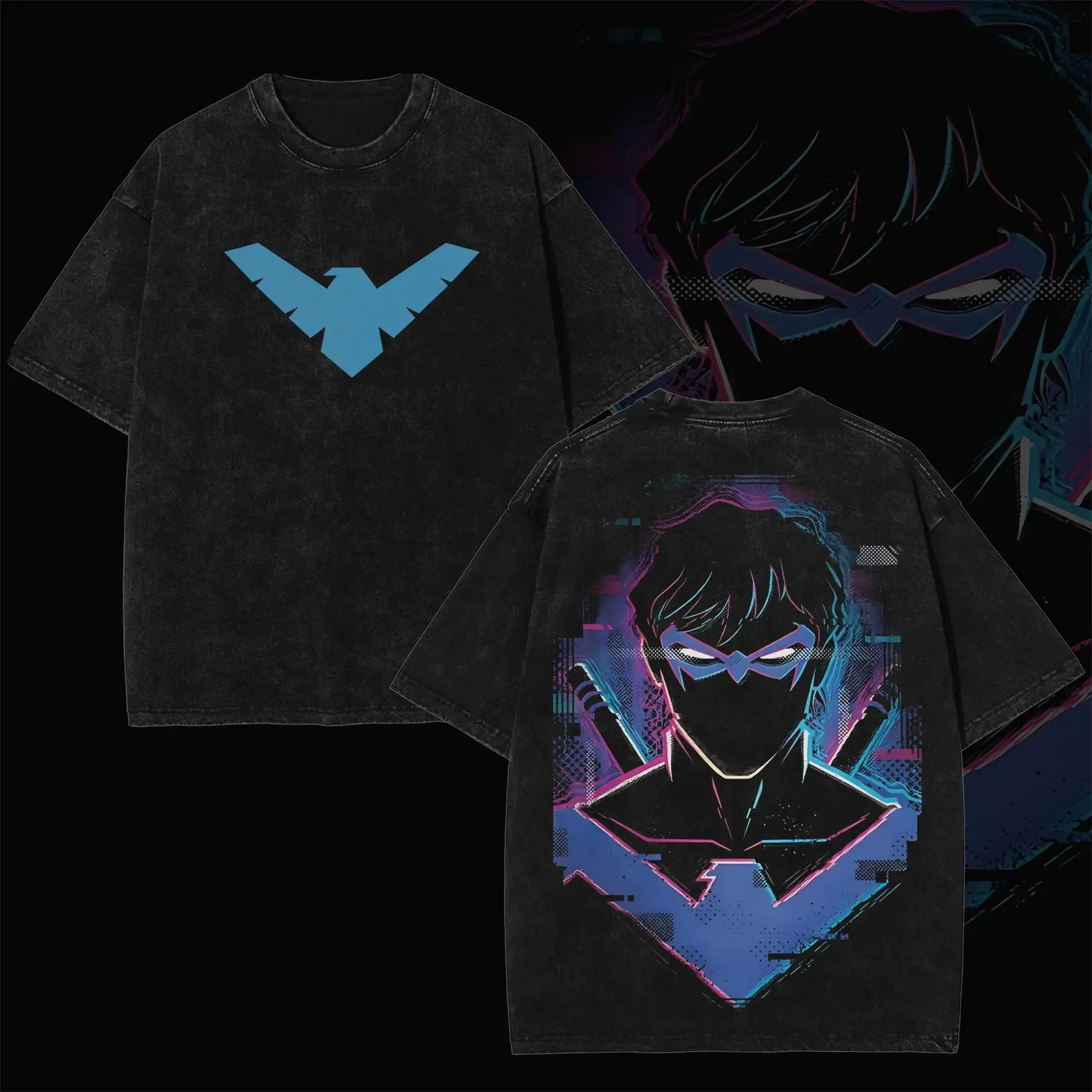 Retro Nightwing "Neon Vigilante" Edition Apparel, Unisex Oversized Heavyweight Cotton Seamless Short-Sleeve Relaxed-Fit Breathable Double-Sided Vintage Washed Graphic T-Shirt, Ideal Gift for DCU Fans
