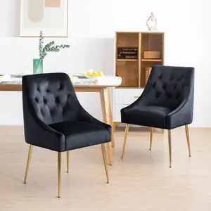 Set of 2 Mid-Century Modern Upholstered Velvet Dining Chairs, Body-Friendly Tufted Indoor Kitchen Chairs with Thick Cushions, Wide Backrest, Gold Legs, Back Pull Rod, Requires Assembly, Upholstered Dining Chairs