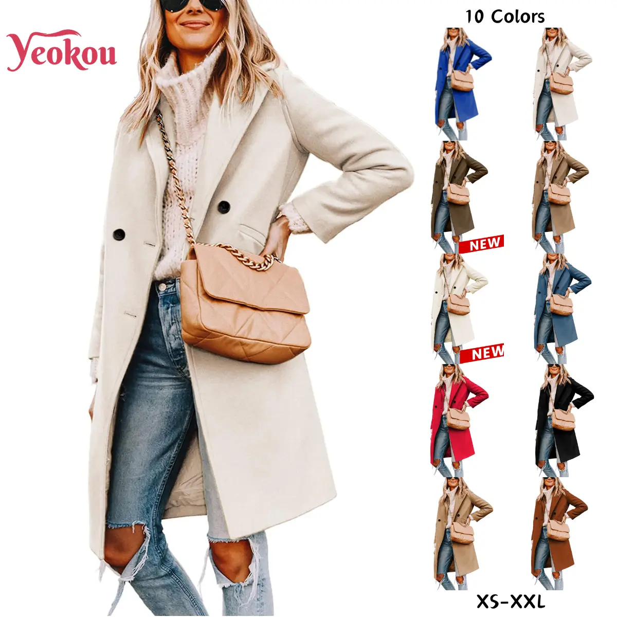 Yeokou Women's Classic Wool Blend Pea Coat, Elegant Fitted Long Sleeve Collared Winter Overcoat with Buttons for Business Casual Wear, Basic, Jackets, Longsleeves, Office‑To‑Casual