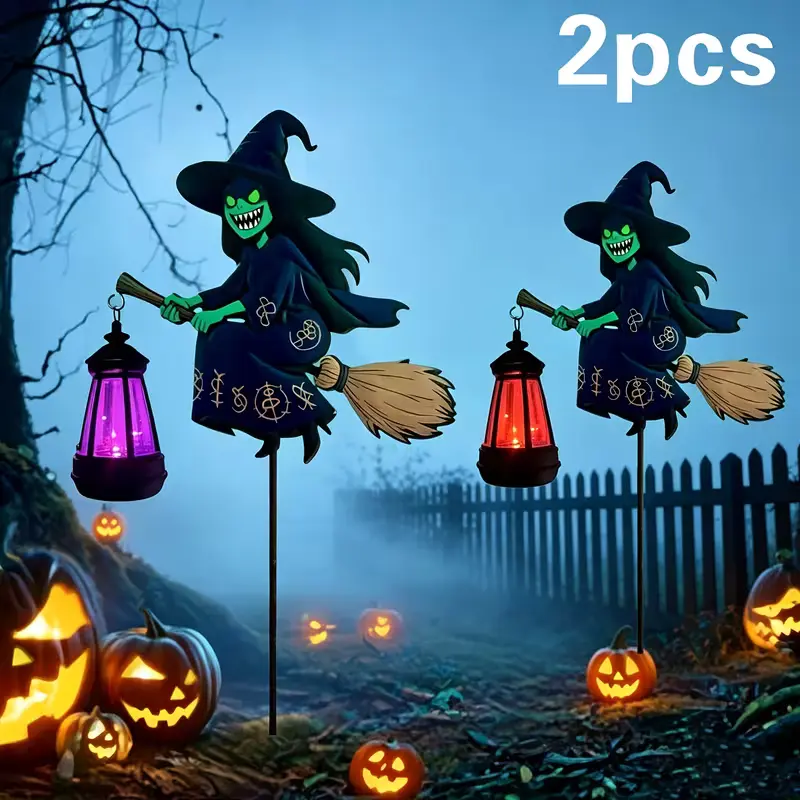 RUIDEL MICHAELS Outdoor Solar Halloween Witch Lawn Light, Cast Iron Material Solar LED Lantern with Colorful or Warm White Lighting, Powered by Sunlight, Outdoor Garden Holiday Display Decoration, Cartoon Scary Halloween Witch Riding a Broom Decor, Ships