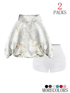 Women's Fall Winter Hooded Drawstring Sweatshirt Set, Fashionable Simple Design with Tree Branch Print, Casual Wear for Daily Use