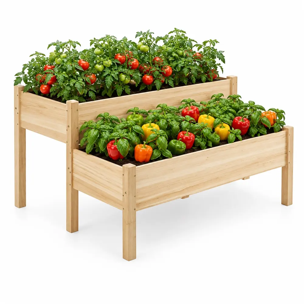 Costoffs 2-Tier Raised Garden Bed – Elevated Wooden Planter Box with Legs for Flowers, Vegetables, and Herbs, Natural Wooden Twin Beds for Garden or Yard