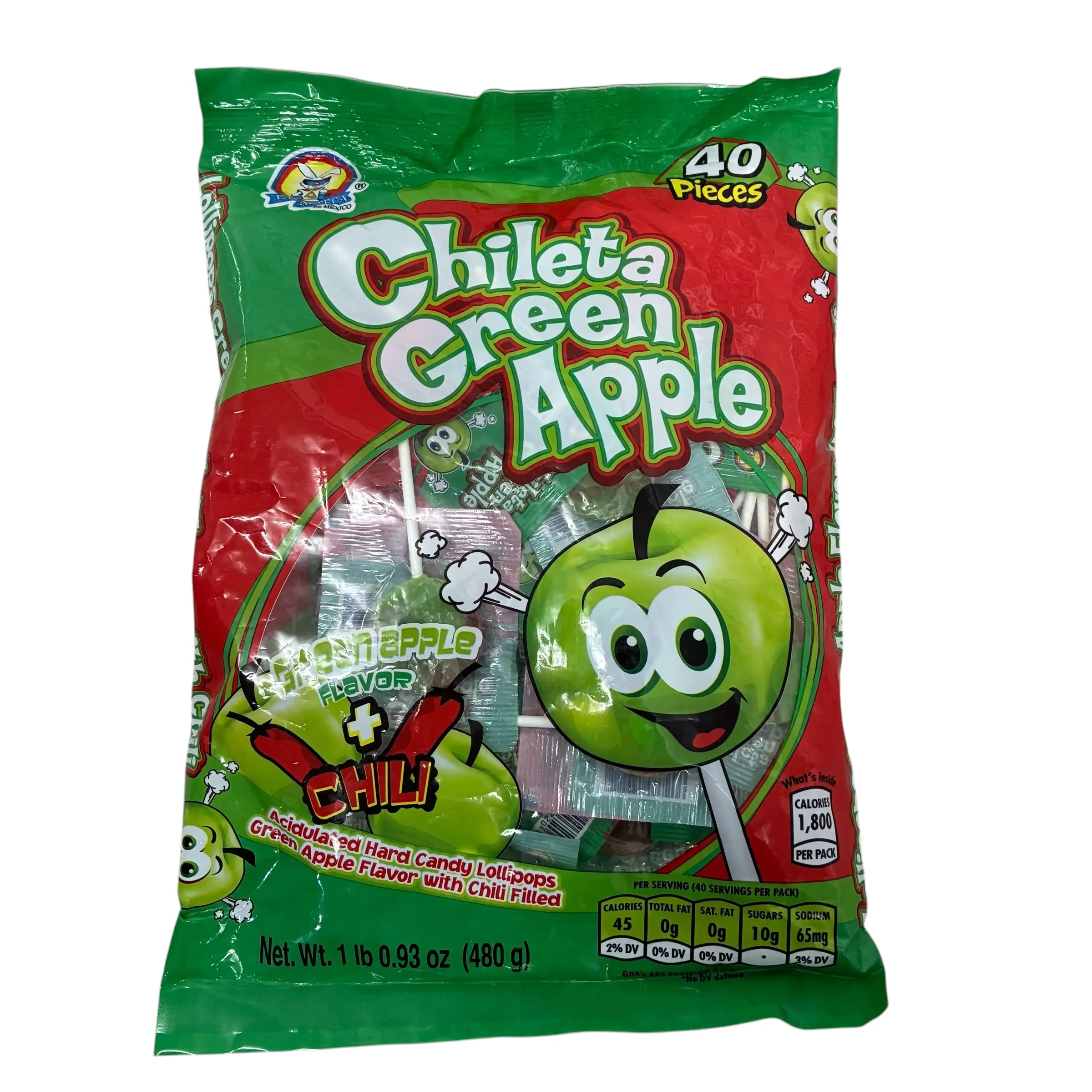 Chileta Green Apple Lollipops - 40ct Individual Packets Sweet Candies, Tangy Mexican Snack, Bulk Party Favors