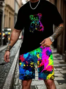 Men's Comfortable Stretch Neon Graffiti Bear Cartoon Print Set, Teddy, Short Sleeve Shorts, Casual Fitted, All Seasons, Activewear Shorts Set, Menswear
