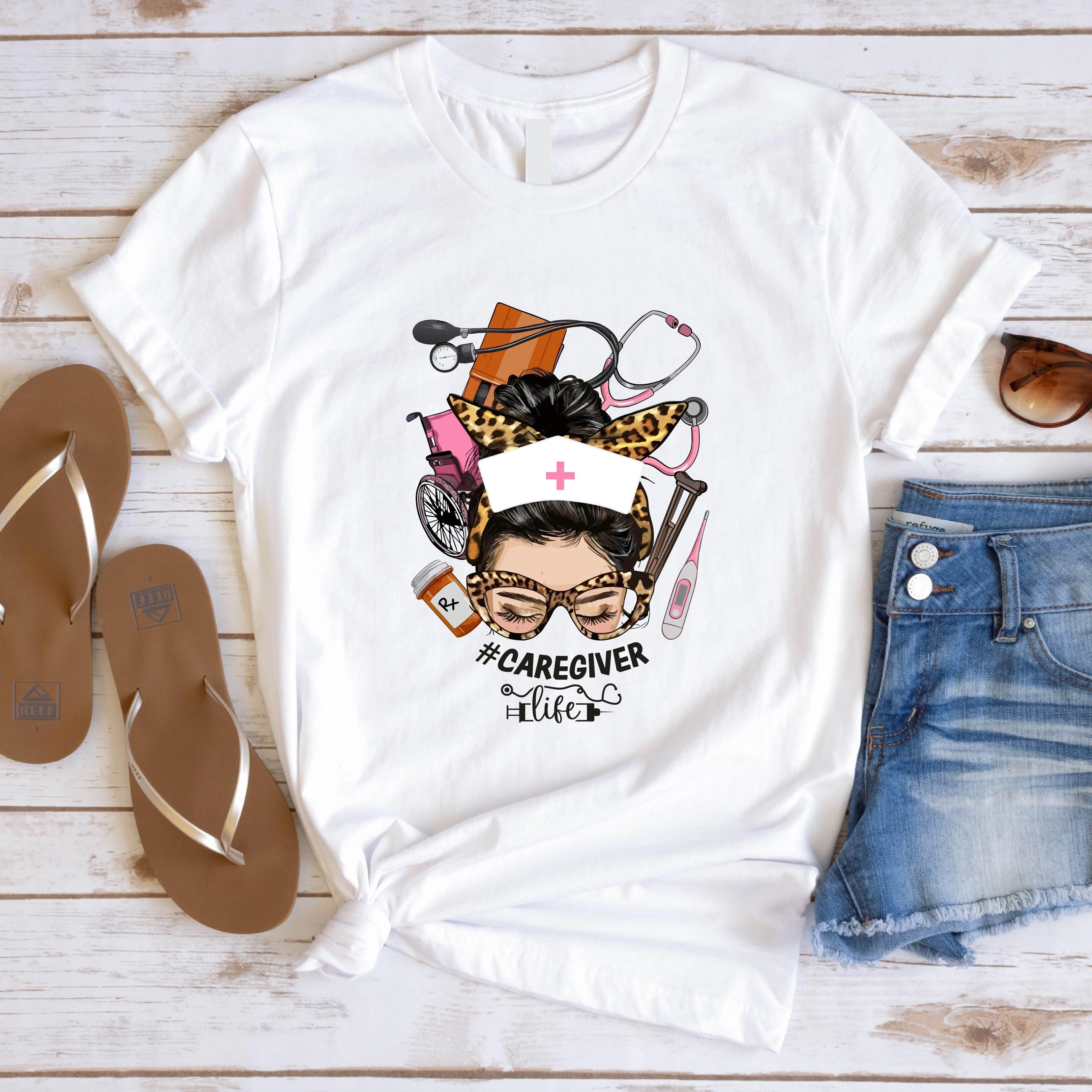 Messy Bun Caregiver Life T-shirt, Healthcare Worker Shirt, Caregiver Appreciation Day Gift Tee, Caregiver Nurse Short Sleeve, Messy Bun Women Tees.