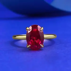 S925 sterling silver red oval cut golden plated ring 7*10mm 6A cubic zirconia ring -102